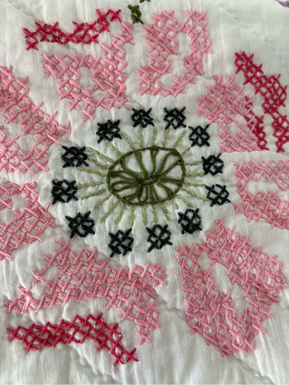 Vintage Hand Embroidered Cross Stitch Floral Quilt Size Twin